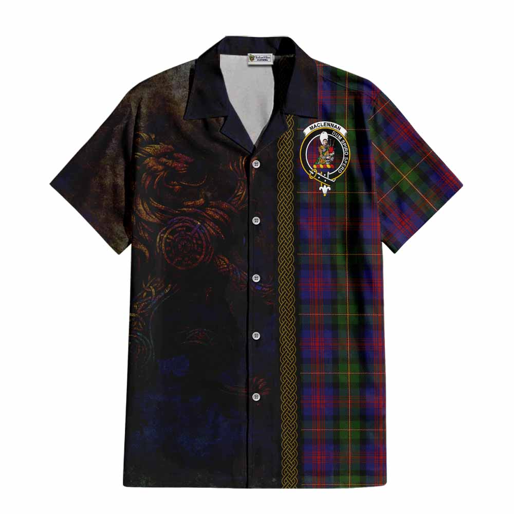 Tartan Vibes Clothing MacLennan (McLennan) Tartan Family Crest Short Sleeve Button Shirt Alba Gu Brath Be Brave Lion Ancient Style