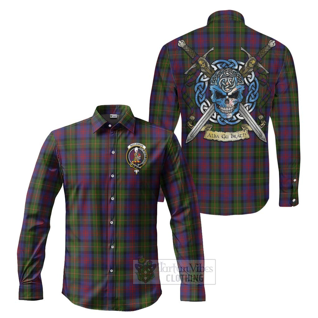 Tartan Vibes Clothing MacLennan (McLennan) Tartan Long Sleeve Button Shirt with Family Crest Celtic Skull Style
