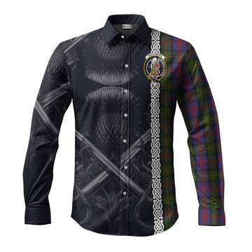 Tartan Vibes Clothing MacLennan (McLennan) Tartan Long Sleeve Button Shirt with Family Crest Cross Sword Thistle Celtic Vibes