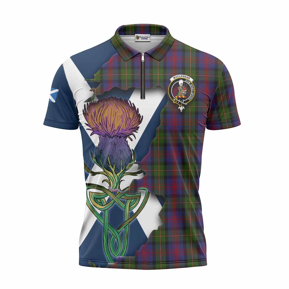 Tartan Vibes Clothing MacLennan (McLennan) Tartan Family Crest Zipper Polo Shirt Scottish Thistle Celtic Inspired