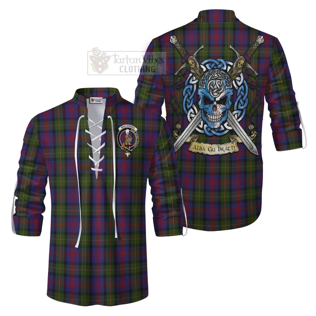 Tartan Vibes Clothing MacLennan (McLennan) Tartan Ghillie Kilt Shirt with Family Crest Celtic Skull Style