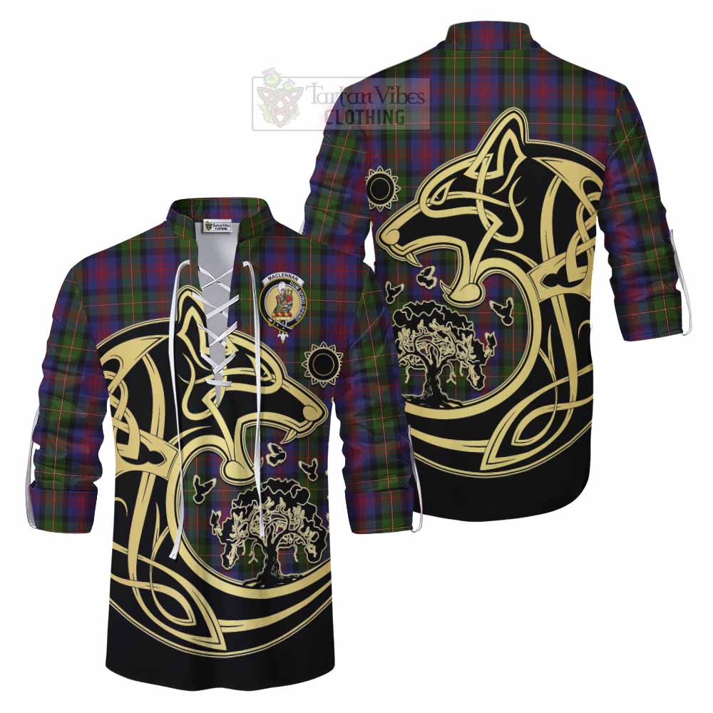 Tartan Vibes Clothing MacLennan (McLennan) Tartan Ghillie Kilt Shirt with Family Crest Celtic Wolf Style
