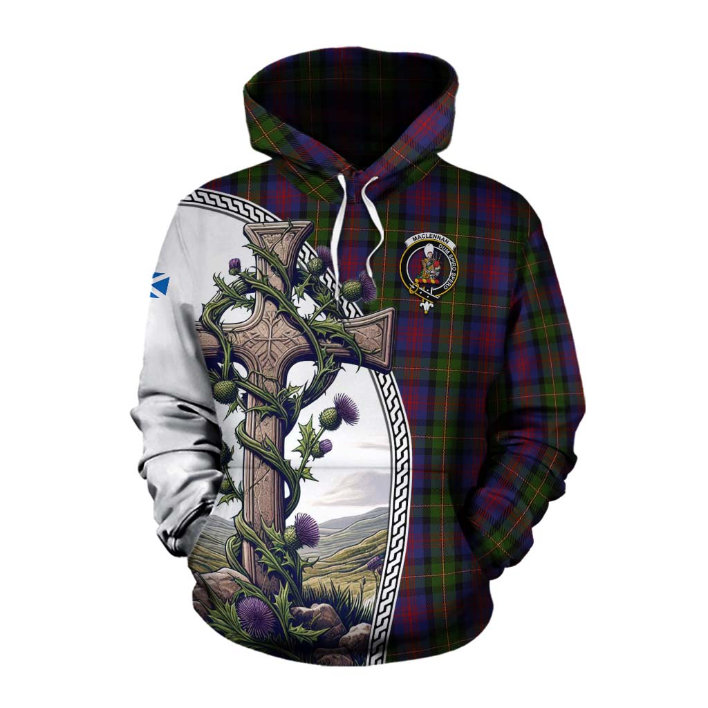 Tartan Vibes Clothing MacLennan (McLennan) Tartan Cotton Hoodie with Family Crest and St. Andrew's Cross Accented by Thistle Vines