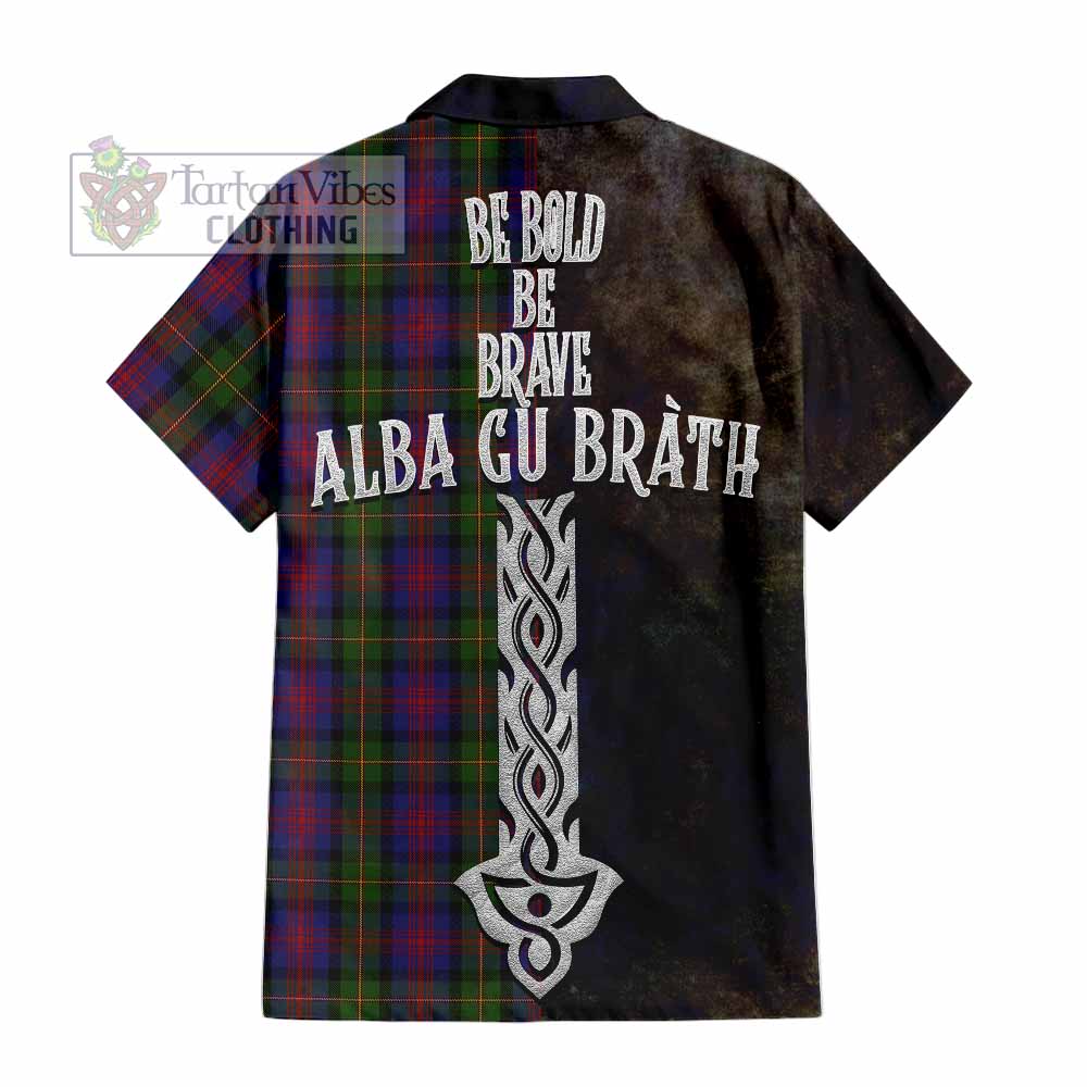 Tartan Vibes Clothing MacLennan (McLennan) Tartan Family Crest Short Sleeve Button Shirt Alba Gu Brath Be Brave Lion Ancient Style