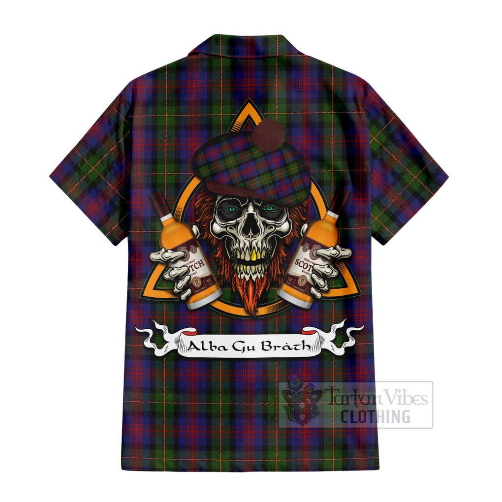 Tartan Vibes Clothing MacLennan (McLennan) Tartan Short Sleeve Button Shirt with Family Crest and Bearded Skull Holding Bottles of Whiskey