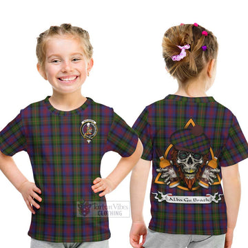Tartan Vibes Clothing MacLennan (McLennan) Tartan Kid T-Shirt with Family Crest and Bearded Skull Holding Bottles of Whiskey