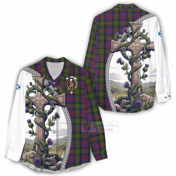 MacLennan (McLennan) Tartan Women's Casual Shirt with Family Crest and St. Andrew's Cross Accented by Thistle Vines
