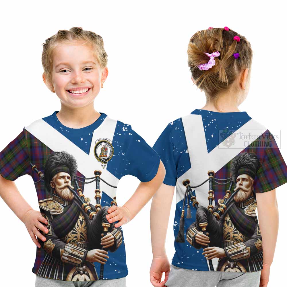 Tartan Vibes Clothing MacLennan (McLennan) Tartan Kid T-Shirt with Family Crest Scottish Bagpiper Vibes