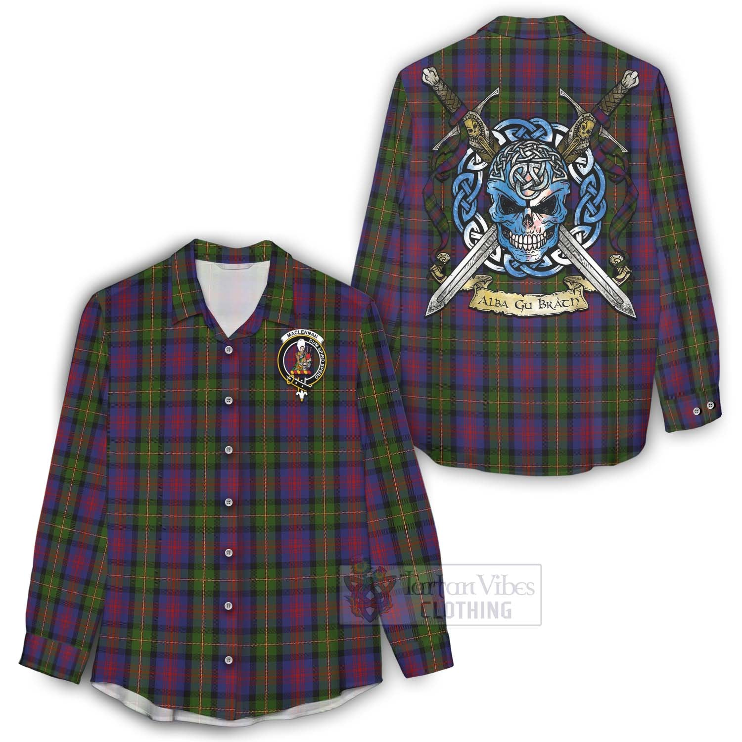 Tartan Vibes Clothing MacLennan (McLennan) Tartan Women's Casual Shirt with Family Crest Celtic Skull Style
