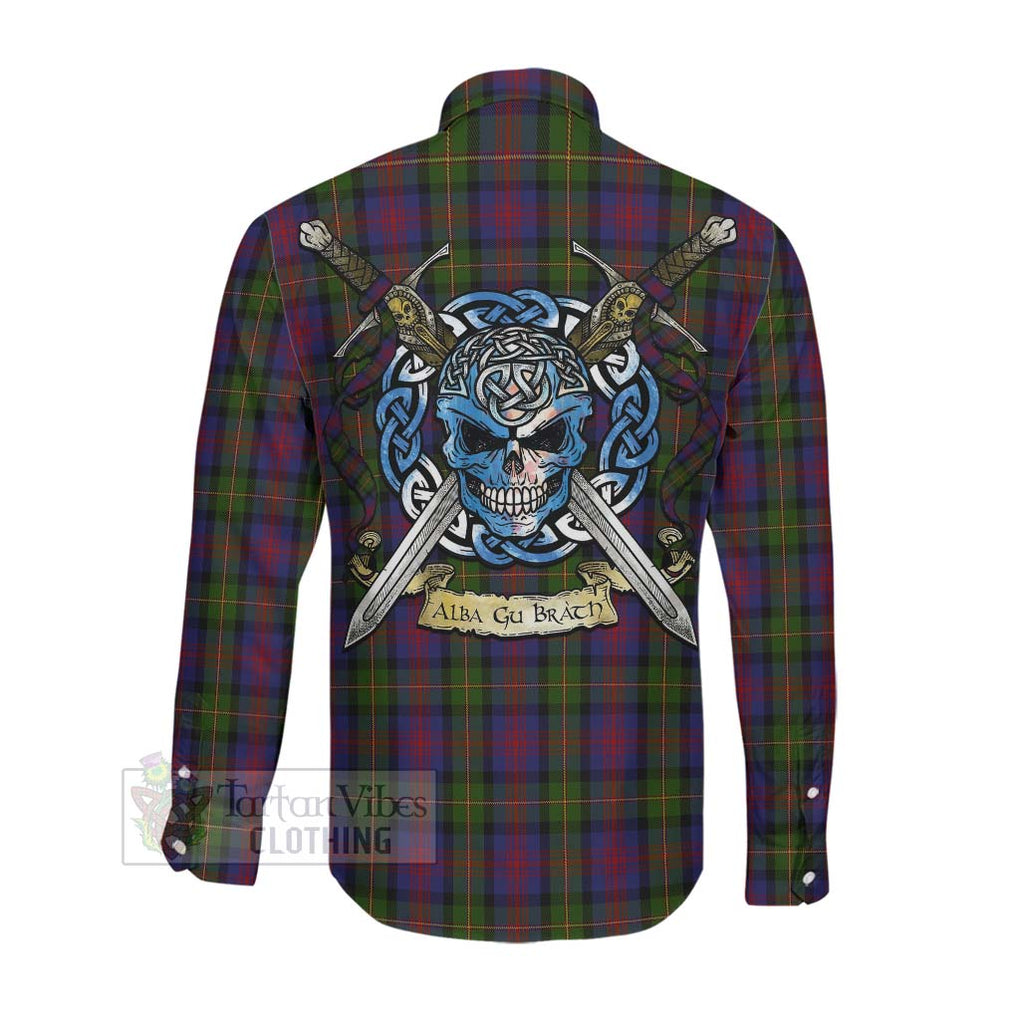 Tartan Vibes Clothing MacLennan (McLennan) Tartan Long Sleeve Button Shirt with Family Crest Celtic Skull Style
