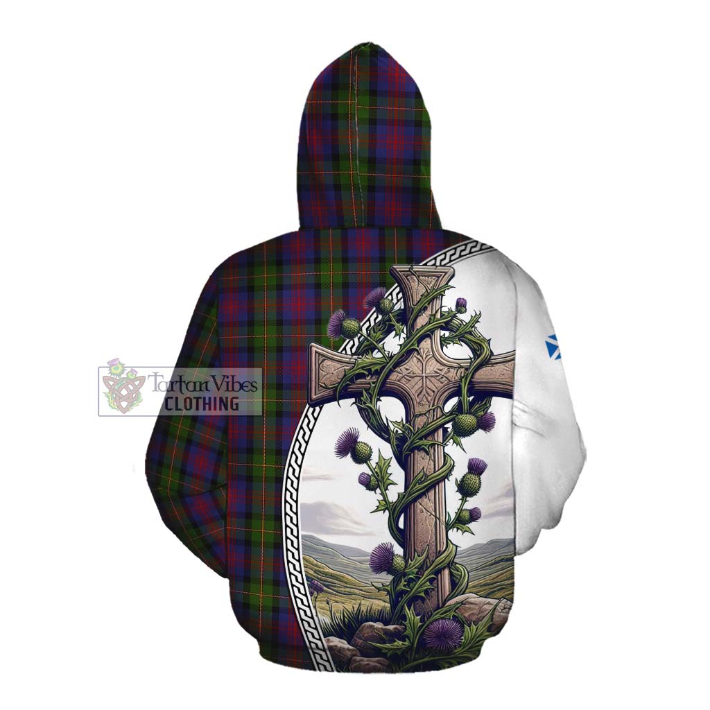 Tartan Vibes Clothing MacLennan (McLennan) Tartan Cotton Hoodie with Family Crest and St. Andrew's Cross Accented by Thistle Vines