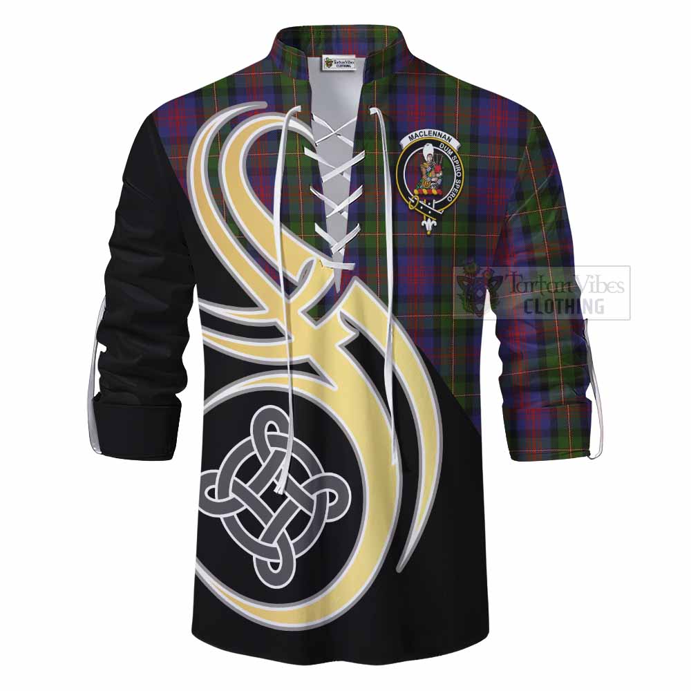 Tartan Vibes Clothing MacLennan (McLennan) Tartan Ghillie Kilt Shirt with Family Crest and Celtic Symbol Style