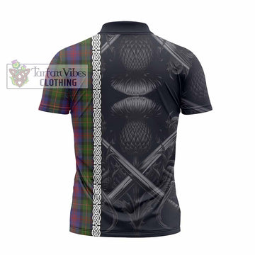 MacLennan (McLennan) Tartan Zipper Polo Shirt with Family Crest Cross Sword Thistle Celtic Vibes
