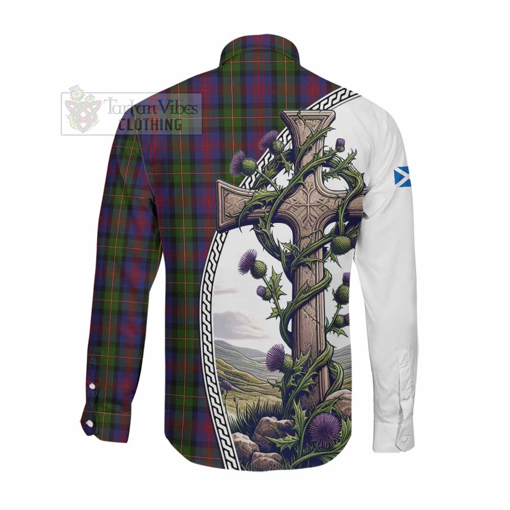 Tartan Vibes Clothing MacLennan (McLennan) Tartan Long Sleeve Button Shirt with Family Crest and St. Andrew's Cross Accented by Thistle Vines