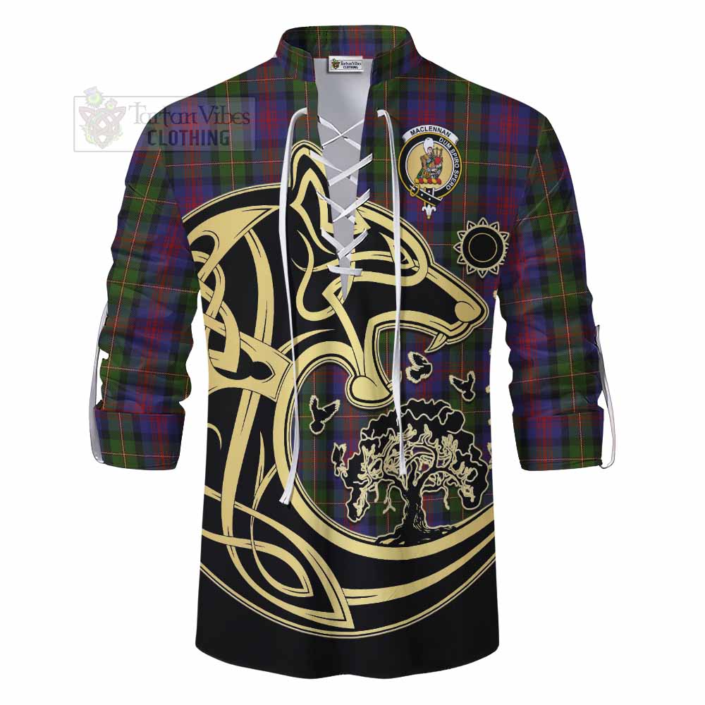 Tartan Vibes Clothing MacLennan (McLennan) Tartan Ghillie Kilt Shirt with Family Crest Celtic Wolf Style