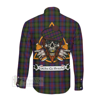 Tartan Vibes Clothing MacLennan (McLennan) Tartan Long Sleeve Button Shirt with Family Crest and Bearded Skull Holding Bottles of Whiskey
