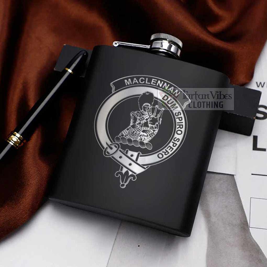 Tartan Vibes Clothing MacLennan (McLennan) Crest Hip Flask Set 7oz Black Stainless Steel with A Gift Box