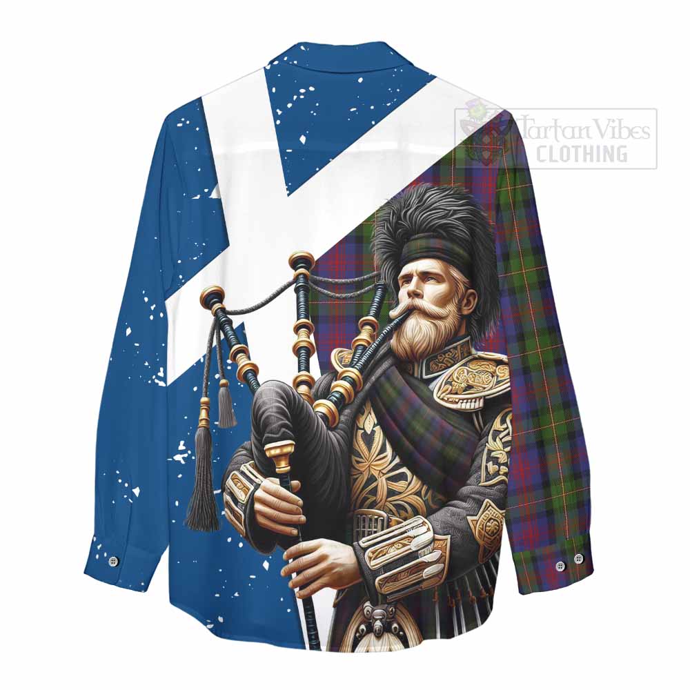 Tartan Vibes Clothing MacLennan (McLennan) Tartan Women's Casual Shirt with Family Crest Scottish Bagpiper Vibes