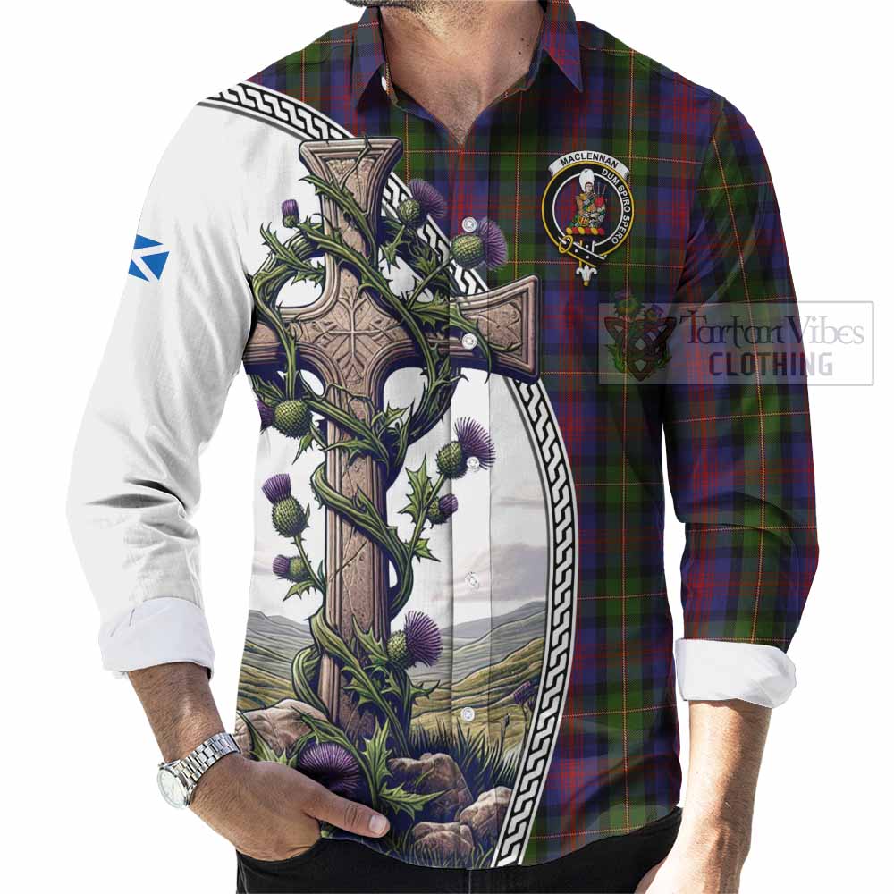 Tartan Vibes Clothing MacLennan (McLennan) Tartan Long Sleeve Button Shirt with Family Crest and St. Andrew's Cross Accented by Thistle Vines