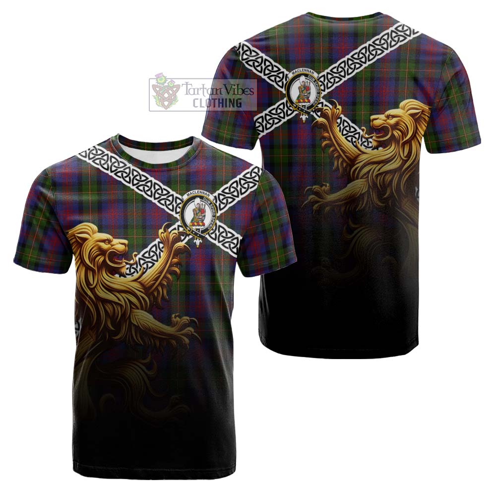 Tartan Vibes Clothing MacLennan (McLennan) Crest Tartan Cotton T-shirt with Golden Lion Emblem Celtic Style