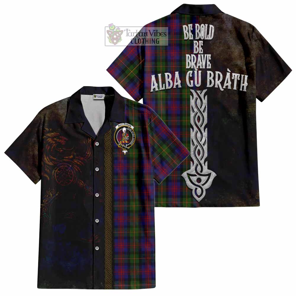 Tartan Vibes Clothing MacLennan (McLennan) Tartan Family Crest Short Sleeve Button Shirt Alba Gu Brath Be Brave Lion Ancient Style