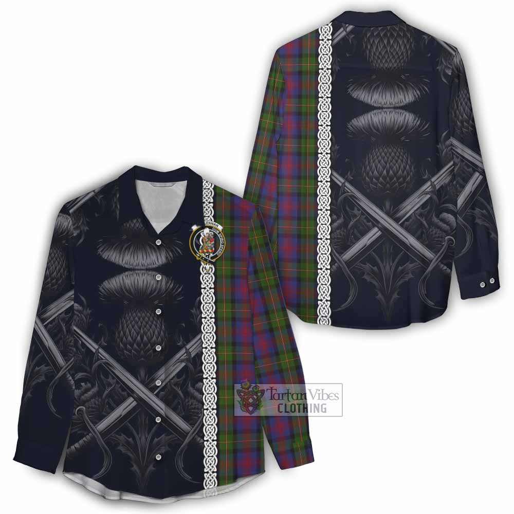 Tartan Vibes Clothing MacLennan (McLennan) Tartan Women's Casual Shirt with Family Crest Cross Sword Thistle Celtic Vibes