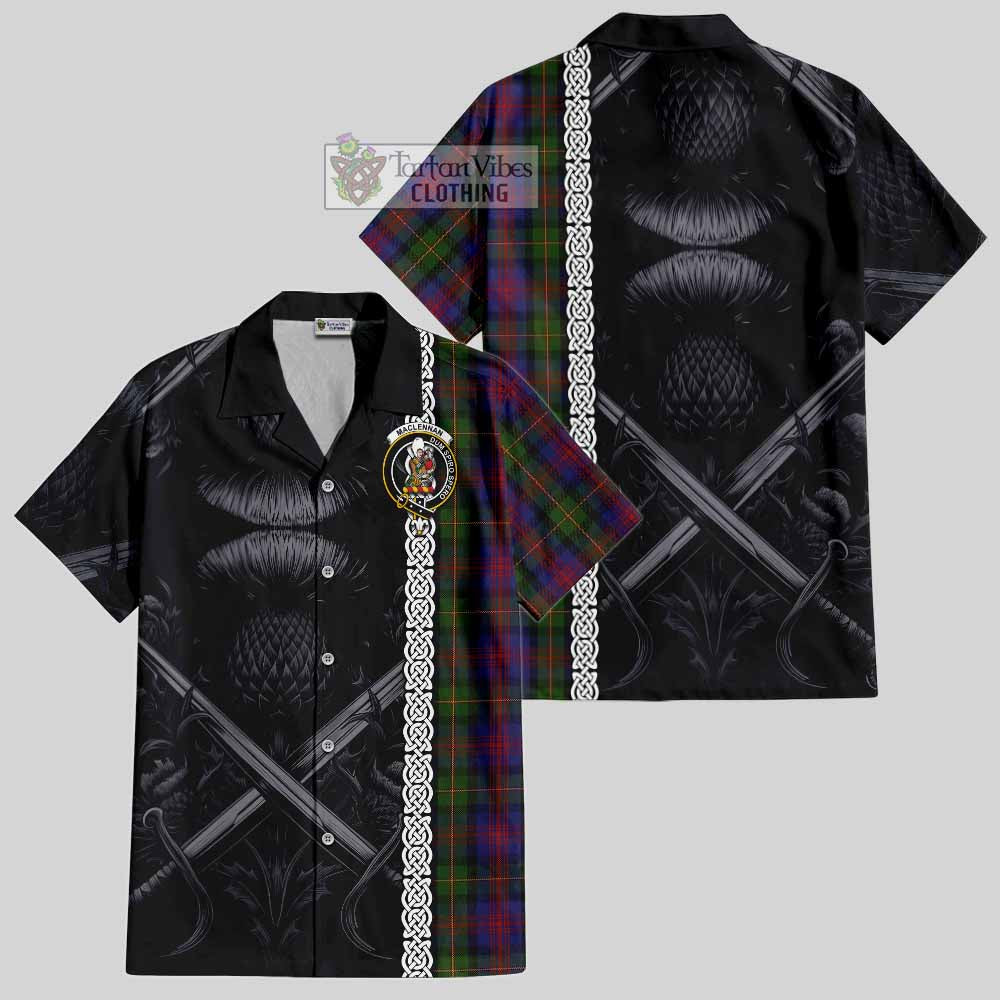 Tartan Vibes Clothing MacLennan (McLennan) Tartan Short Sleeve Button Shirt with Family Crest Cross Sword Thistle Celtic Vibes