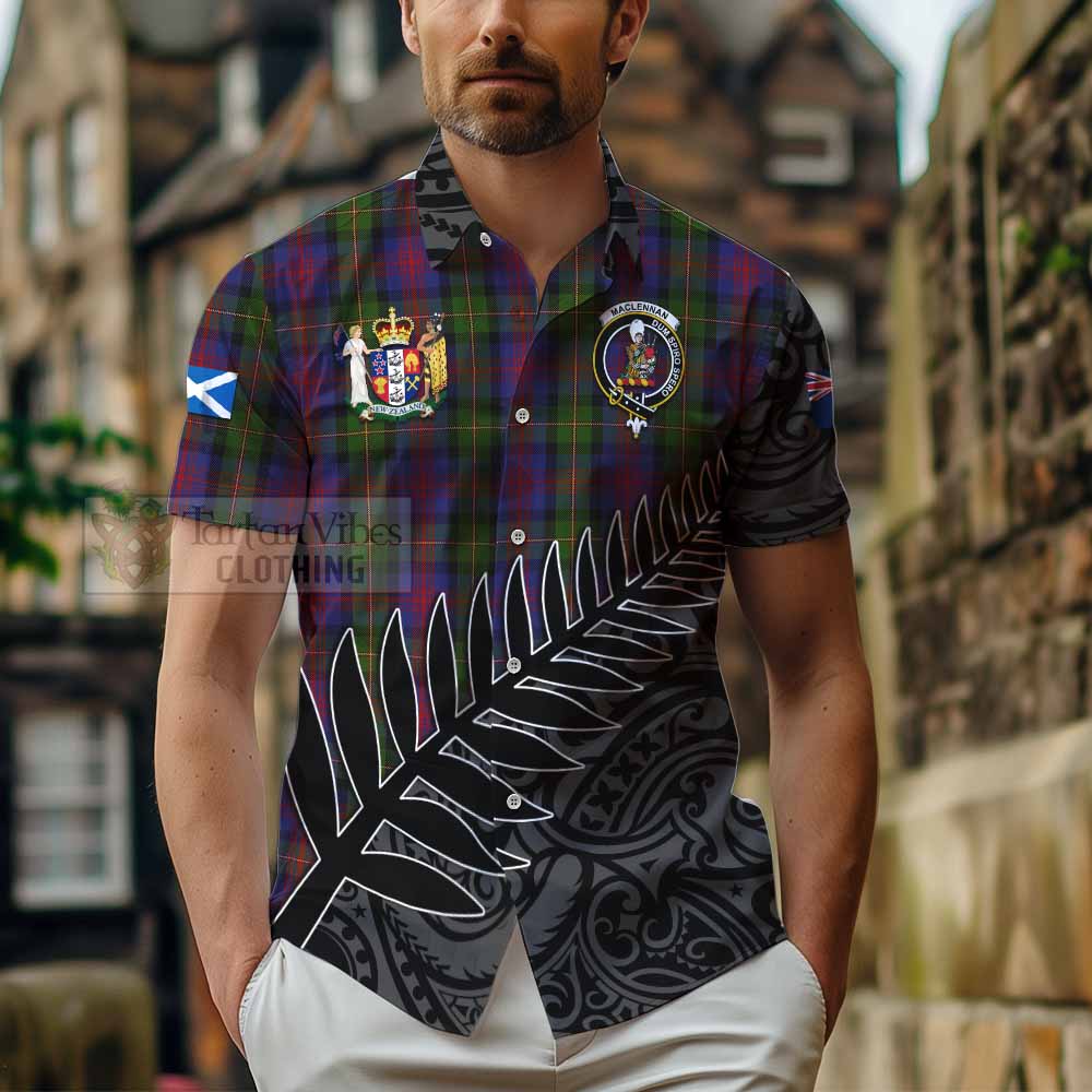 Tartan Vibes Clothing MacLennan (McLennan) Crest Tartan Short Sleeve Button Shirt with New Zealand Silver Fern Half Style