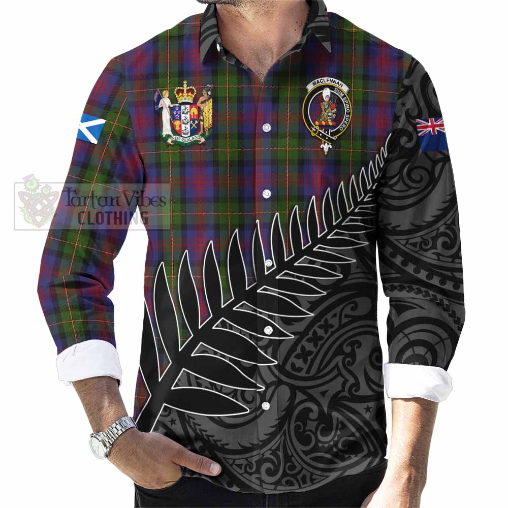 Tartan Vibes Clothing MacLennan (McLennan) Crest Tartan Long Sleeve Button Shirt with New Zealand Silver Fern Half Style