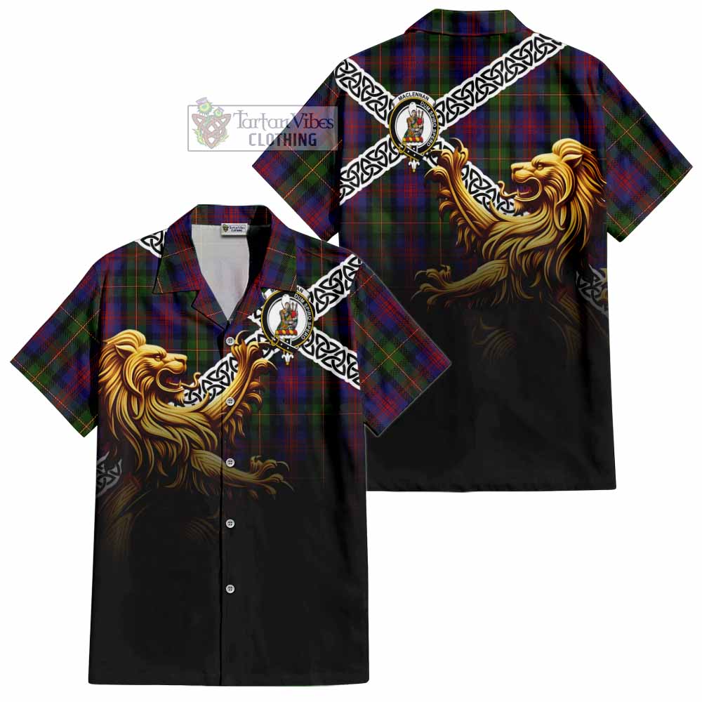 Tartan Vibes Clothing MacLennan (McLennan) Crest Tartan Short Sleeve Button Shirt with Golden Lion Emblem Celtic Style