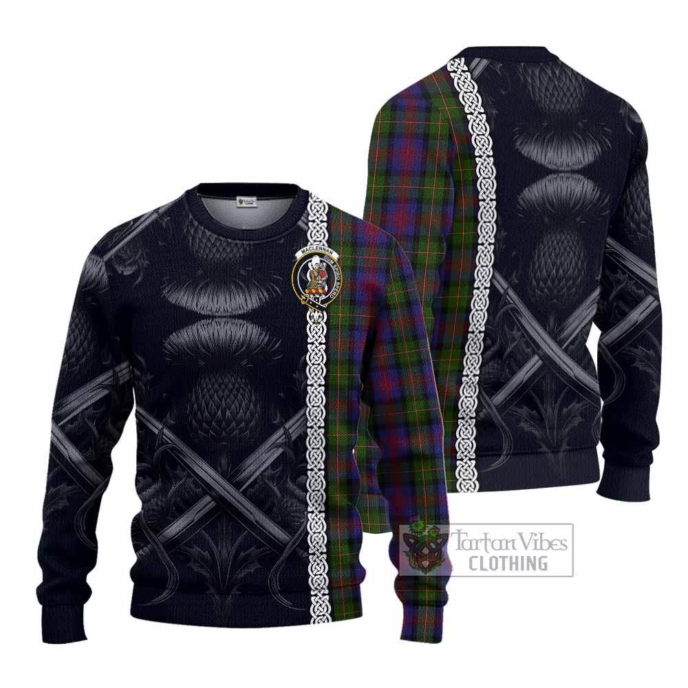 Tartan Vibes Clothing MacLennan (McLennan) Tartan Knitted Sweater with Family Crest Cross Sword Thistle Celtic Vibes