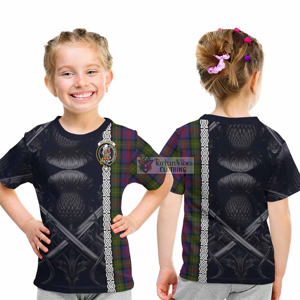 Tartan Vibes Clothing MacLennan (McLennan) Tartan Kid T-Shirt with Family Crest Cross Sword Thistle Celtic Vibes