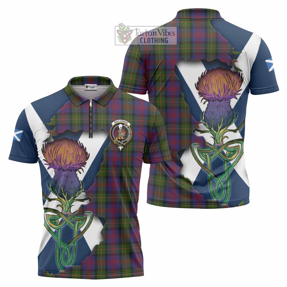 Tartan Vibes Clothing MacLennan (McLennan) Tartan Family Crest Zipper Polo Shirt Scottish Thistle Celtic Inspired
