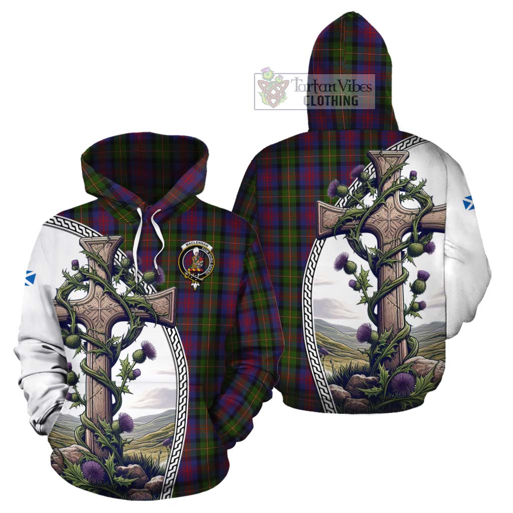 Tartan Vibes Clothing MacLennan (McLennan) Tartan Cotton Hoodie with Family Crest and St. Andrew's Cross Accented by Thistle Vines