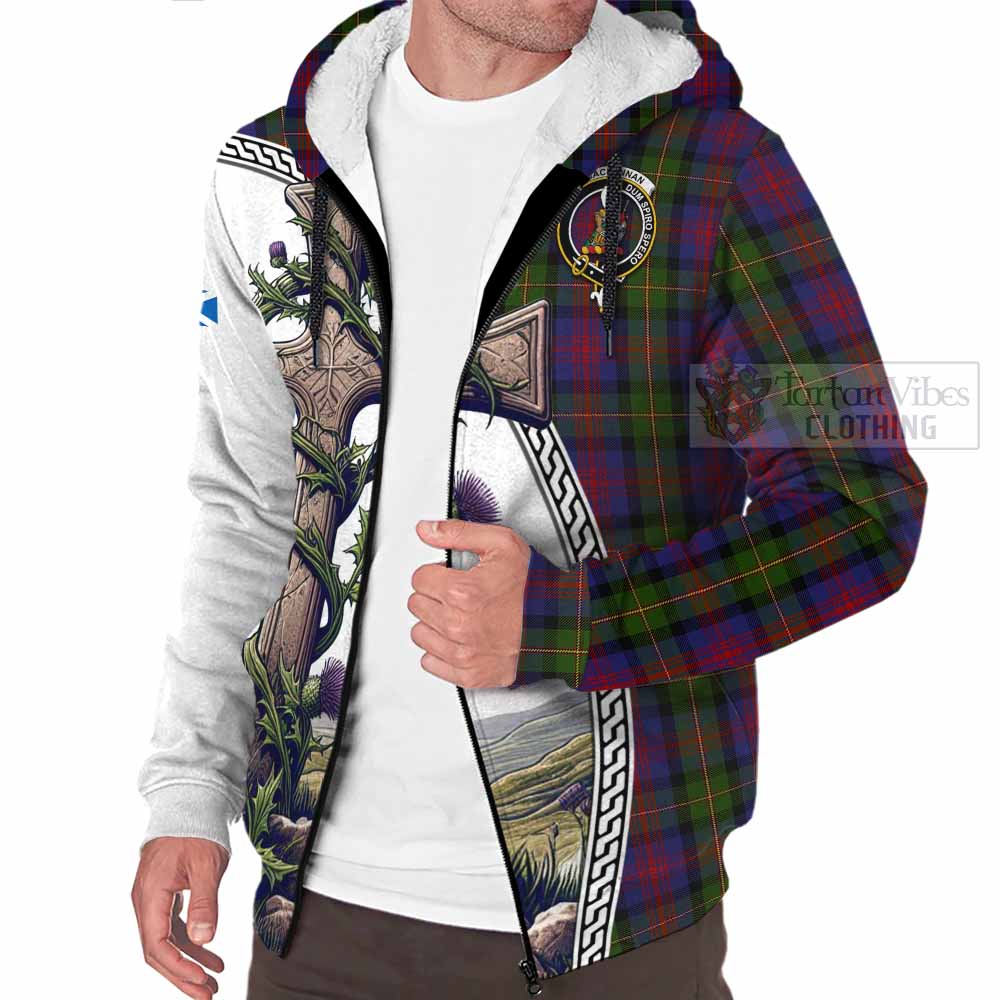 Tartan Vibes Clothing MacLennan (McLennan) Tartan Sherpa Hoodie with Family Crest and St. Andrew's Cross Accented by Thistle Vines