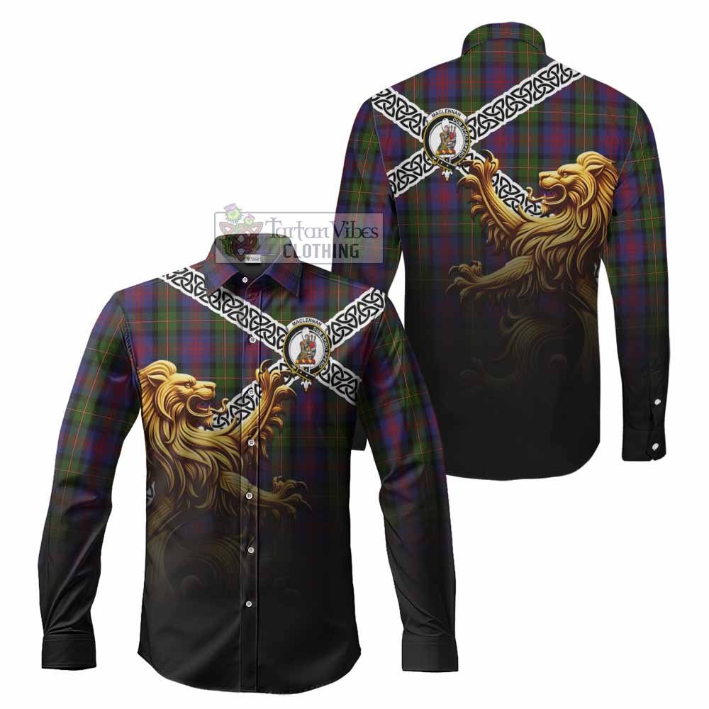 Tartan Vibes Clothing MacLennan (McLennan) Crest Tartan Long Sleeve Button Shirt with Golden Lion Emblem Celtic Style