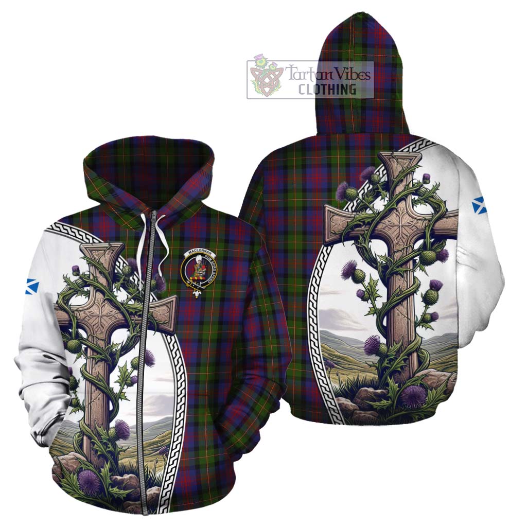 Tartan Vibes Clothing MacLennan (McLennan) Tartan Cotton Hoodie with Family Crest and St. Andrew's Cross Accented by Thistle Vines