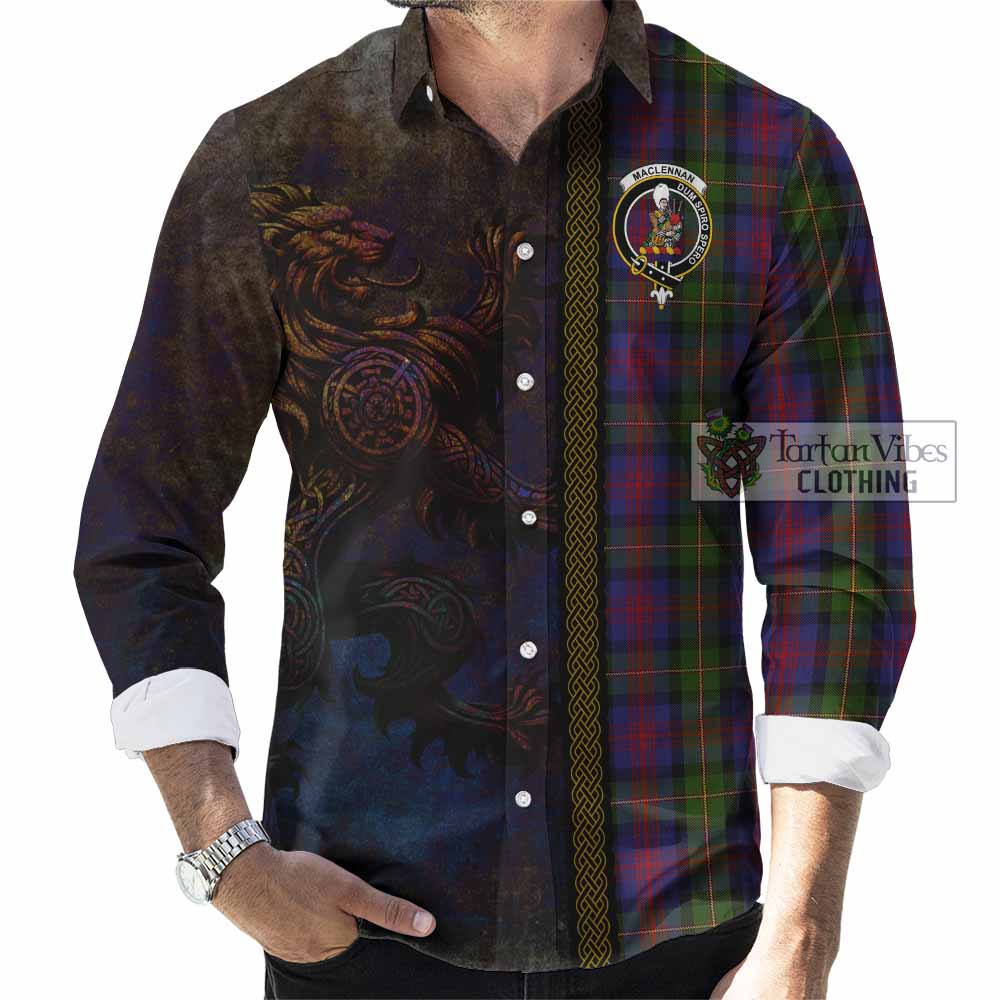 Tartan Vibes Clothing MacLennan (McLennan) Tartan Family Crest Long Sleeve Button Shirt Alba Gu Brath Be Brave Lion Ancient Style
