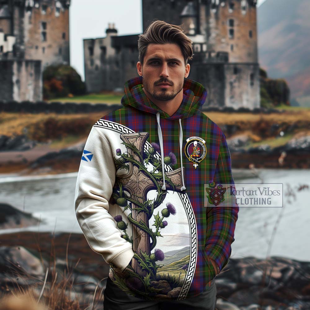 Tartan Vibes Clothing MacLennan (McLennan) Tartan Cotton Hoodie with Family Crest and St. Andrew's Cross Accented by Thistle Vines