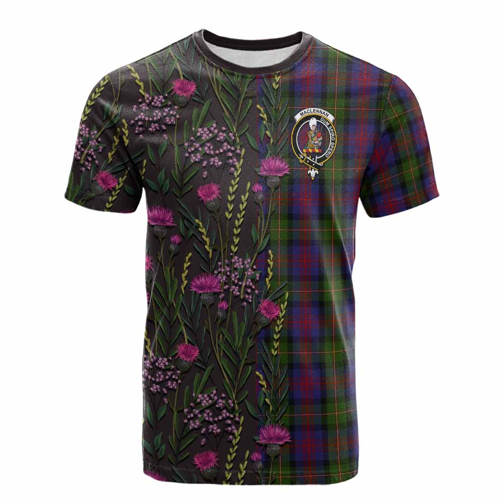 MacLennan (McLennan) Family Crest Tartan Cotton T-shirt Scottish Thistle Flower Pattern Half Style - Tartan Vibes Clothing