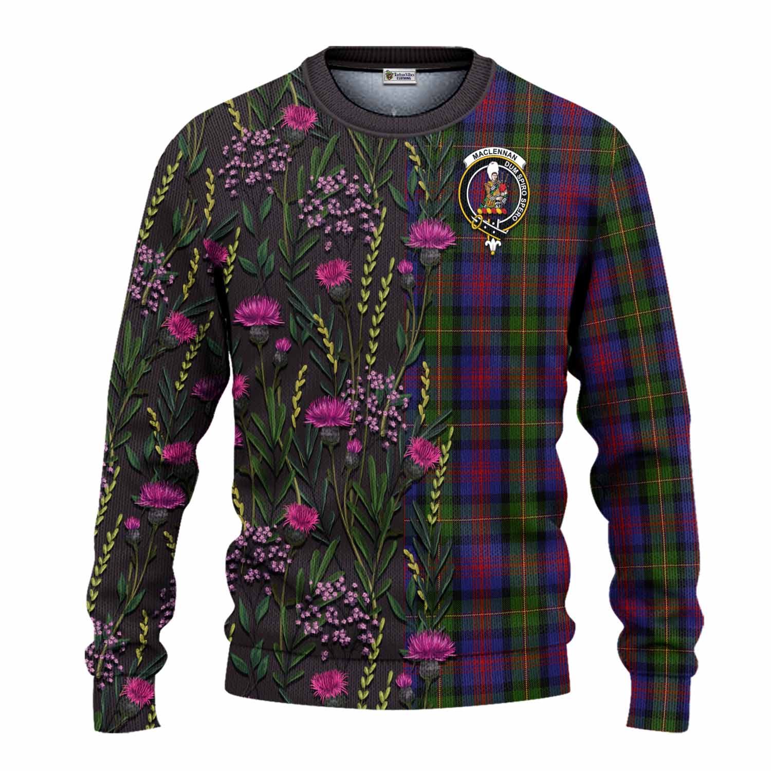 MacLennan (McLennan) Family Crest Tartan Knitted Sweater Scottish Thistle Flower Pattern Half Style - Tartan Vibes Clothing