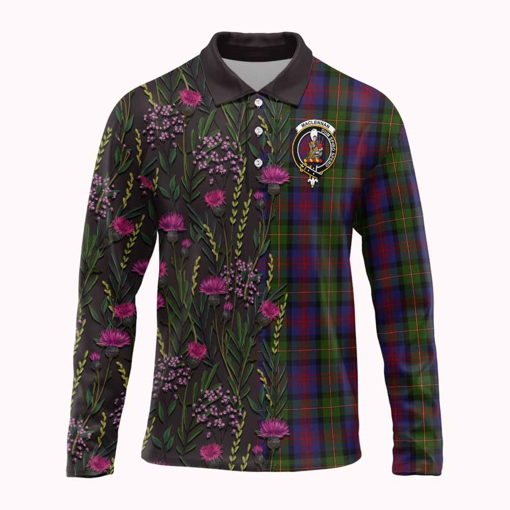 MacLennan (McLennan) Family Crest Tartan Long Sleeve Polo Shirt Scottish Thistle Flower Pattern Half Style - Tartan Vibes Clothing