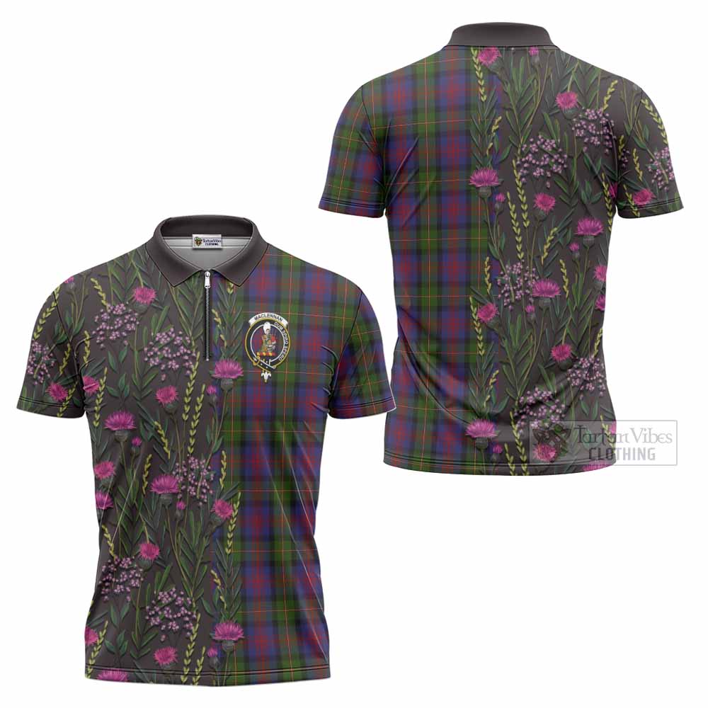 MacLennan (McLennan) Family Crest Tartan Zipper Polo Shirt Scottish Thistle Flower Pattern Half Style - Tartan Vibes Clothing
