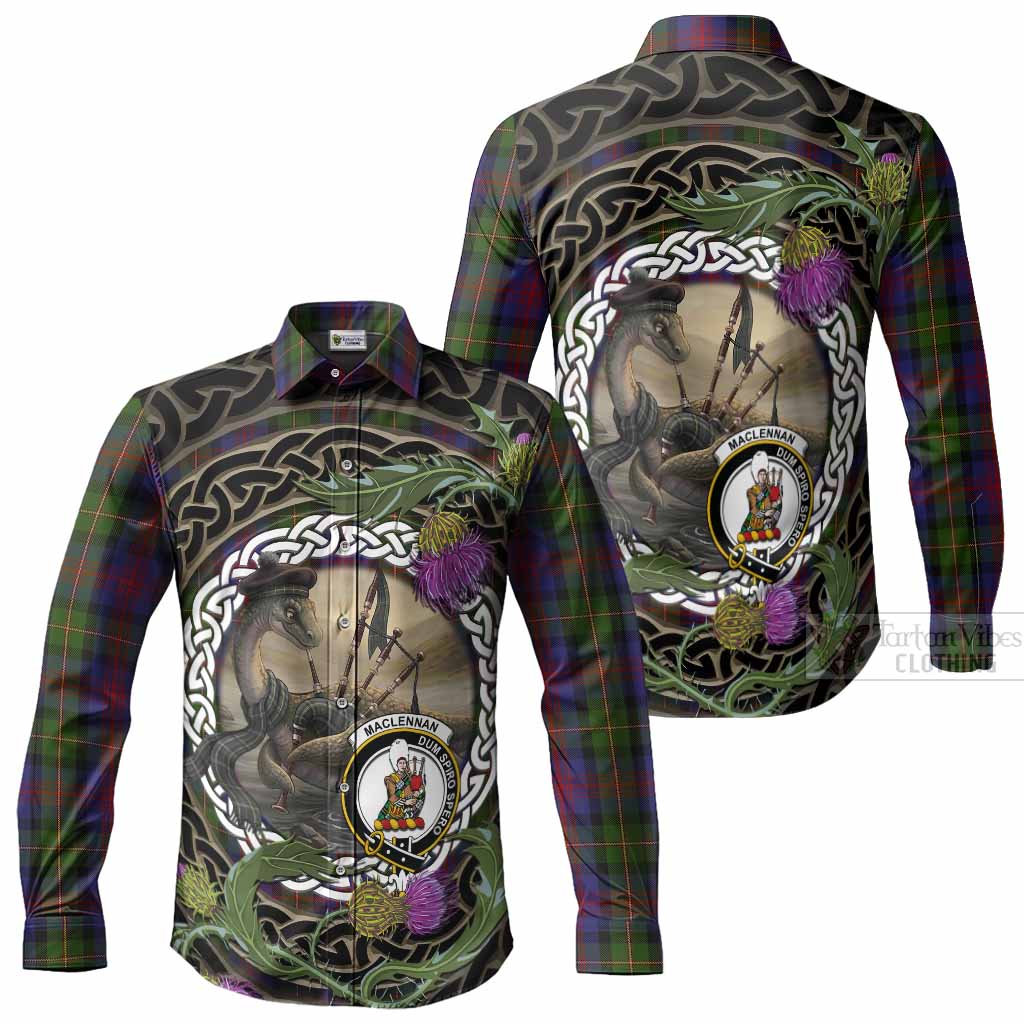 MacLennan (McLennan) Tartan Crest Bagpipe Nessie Long Sleeve Button Shirts Scottish Loch Ness Monster Celtic Thistle