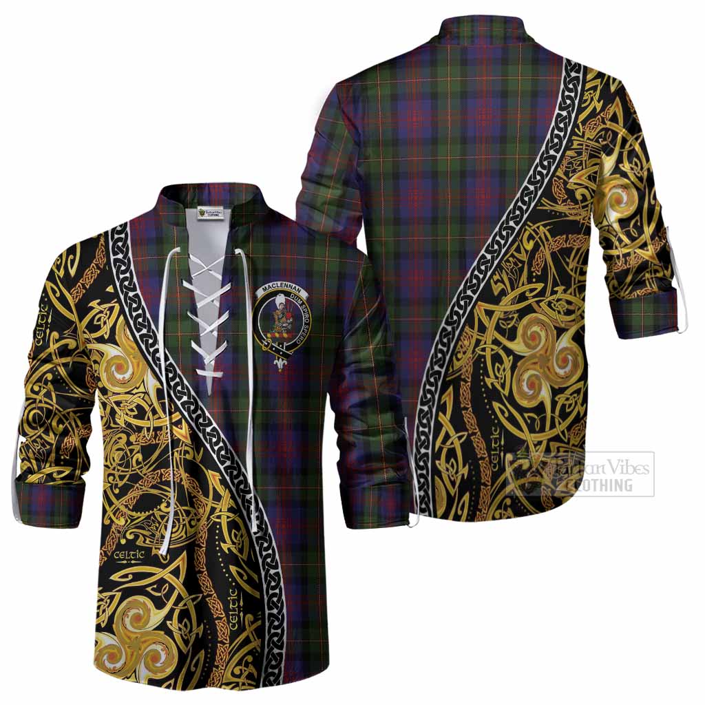 MacLennan (McLennan) Tartan Crest Ghillie Shirt Celtic Knot and Triple Trickle Spiral Symbols