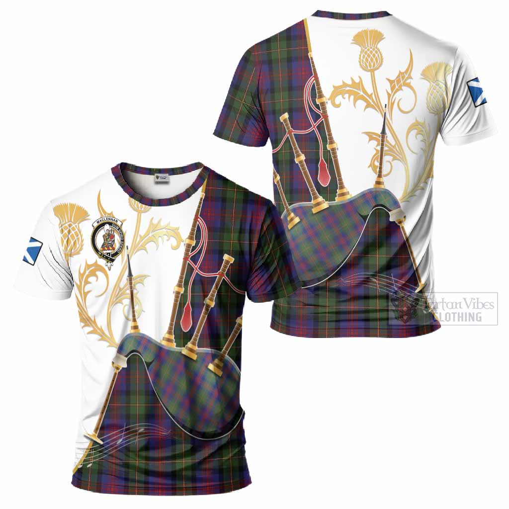 MacLennan (McLennan) Tartan Family Crest T-Shirt Bagpipes with Scottish Thistle