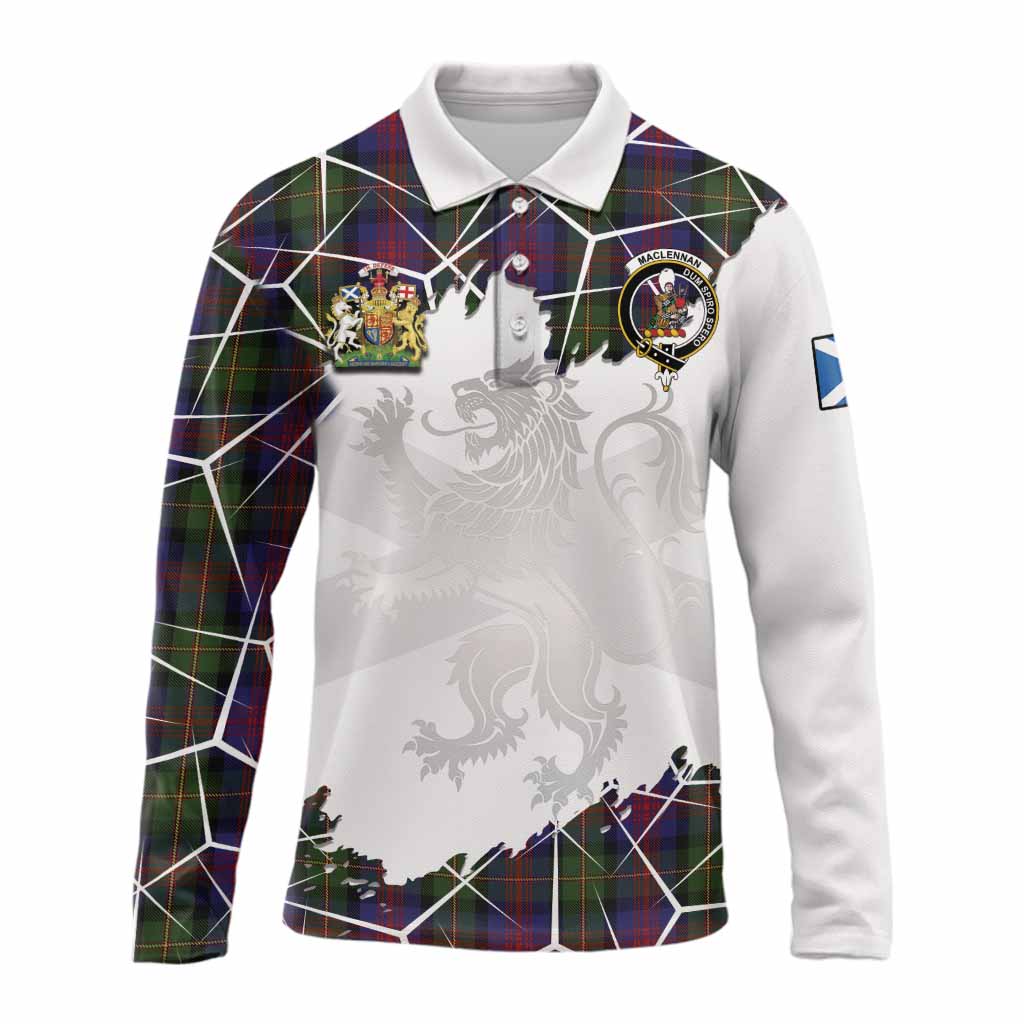 MacLennan (McLennan) Tartan Long Sleeve Polo Shirt with Family Crest and Lion Rampant Grunge Style