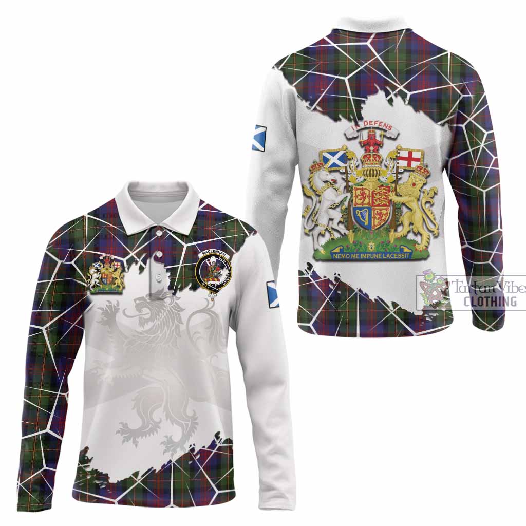MacLennan (McLennan) Tartan Long Sleeve Polo Shirt with Family Crest and Lion Rampant Grunge Style