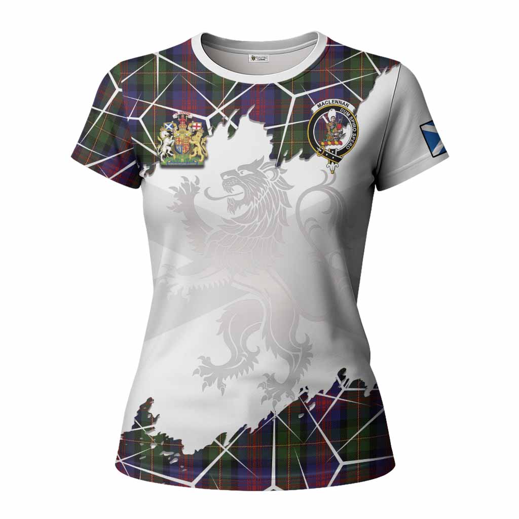 MacLennan (McLennan) Tartan Women T shirt with Family Crest and Lion Rampant Grunge Style