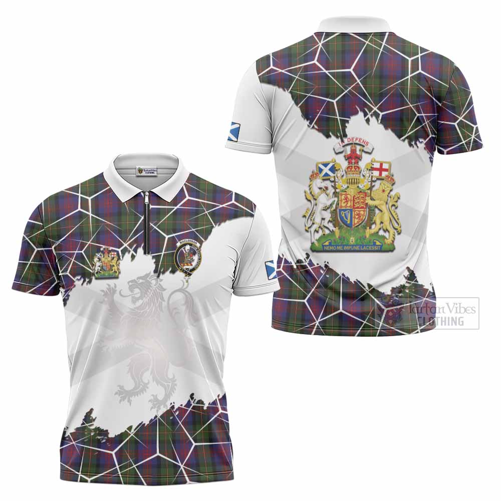 MacLennan (McLennan) Tartan Zipper Polo Shirt with Family Crest and Lion Rampant Grunge Style